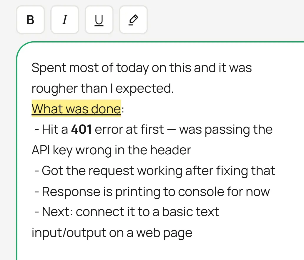 The notes editor that opens for a goal, with bold / italic / underline tools and a written note about building a small AI project.