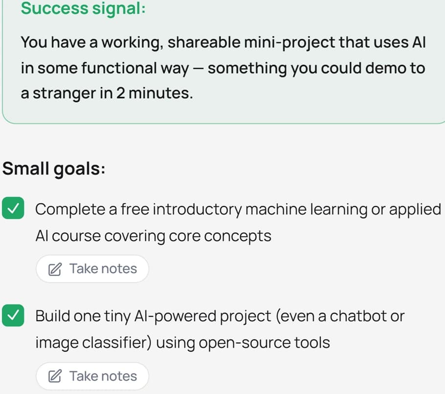 A goals checklist with completed items and a “Take notes” button beside each goal.