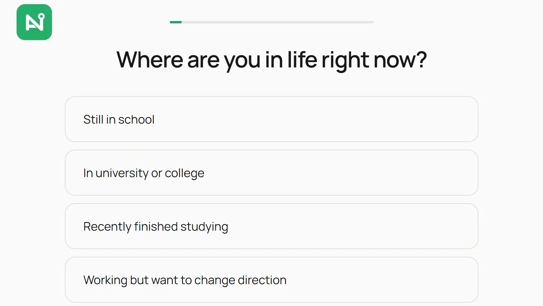 NetWAi quiz screen asking “Where are you in life right now?” with multiple-choice life-stage options and a Next button.