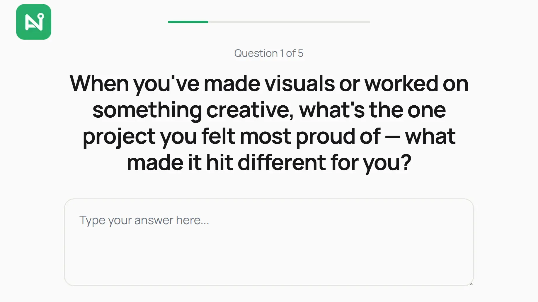 AI follow-up chat screen showing question 1 of 5 with an open text box to type your answer.