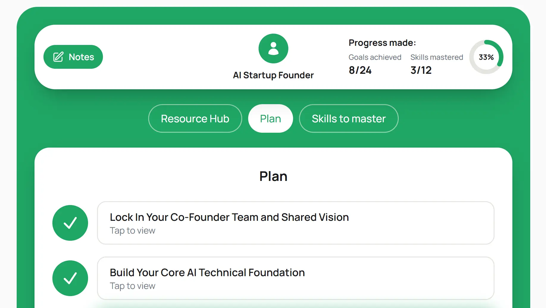 Step-by-step plan screen with a Resource Hub, a numbered Plan column and a Skills-to-master list.